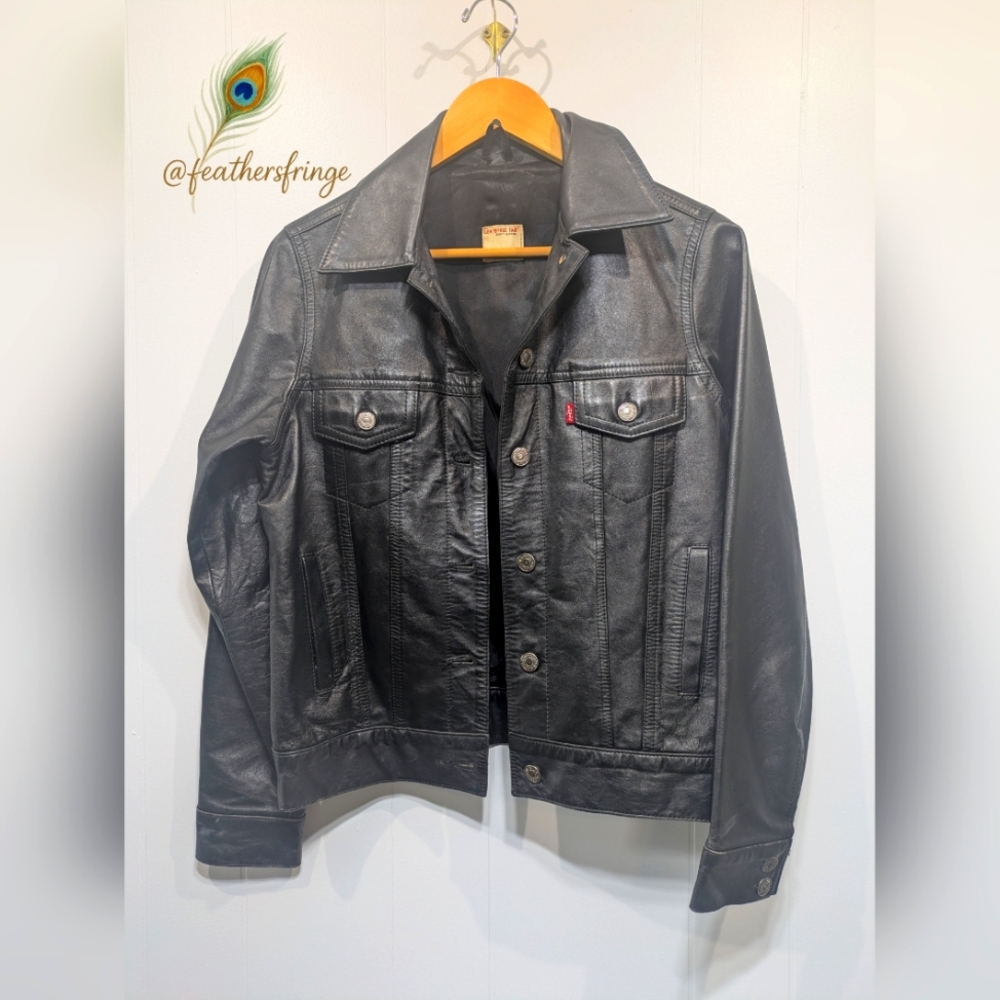 Levis Trucker Jacket Black Size Small Leather Red Tab